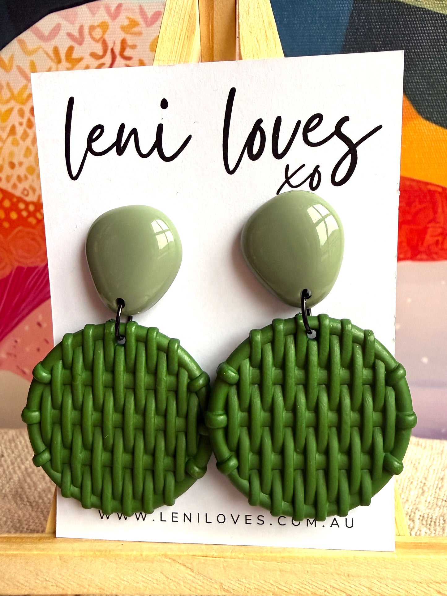 Bobbie Retro Rattan Dangle Earrings — Avocado Teardrop & Forest Green