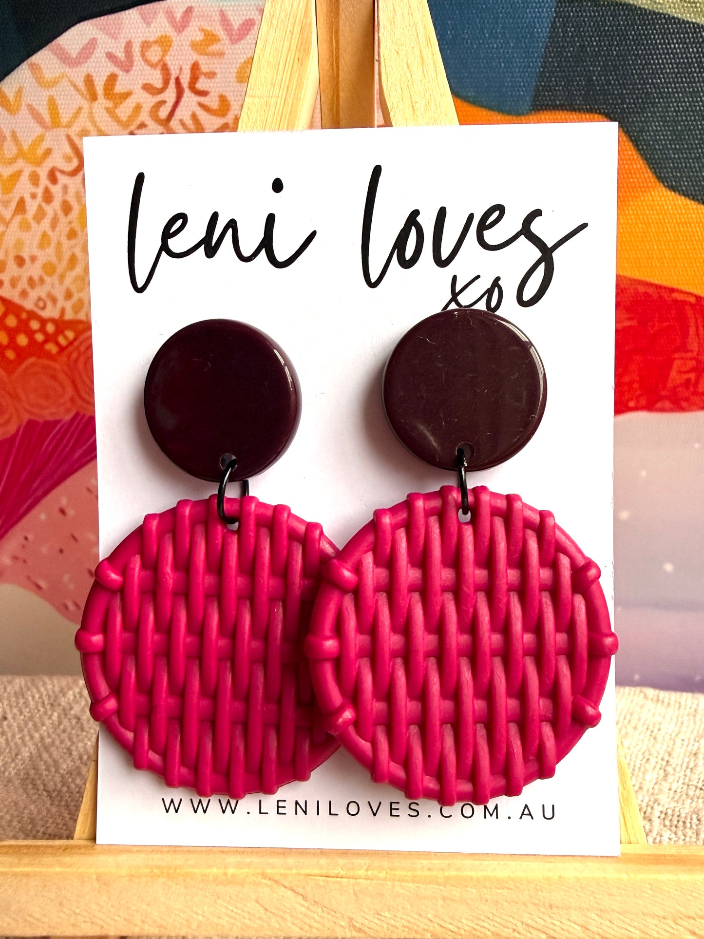 Bobbie Retro Rattan Dangle Earrings — Burgundy & Punch Pink