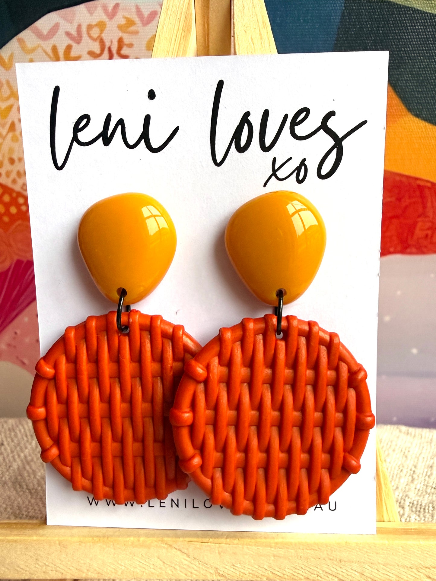 Bobbie Retro Rattan Dangle Earrings — Mustard Teardrop & Orange