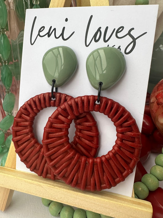 Ada Retro Rattan Dangle Earrings — Olive + Claret