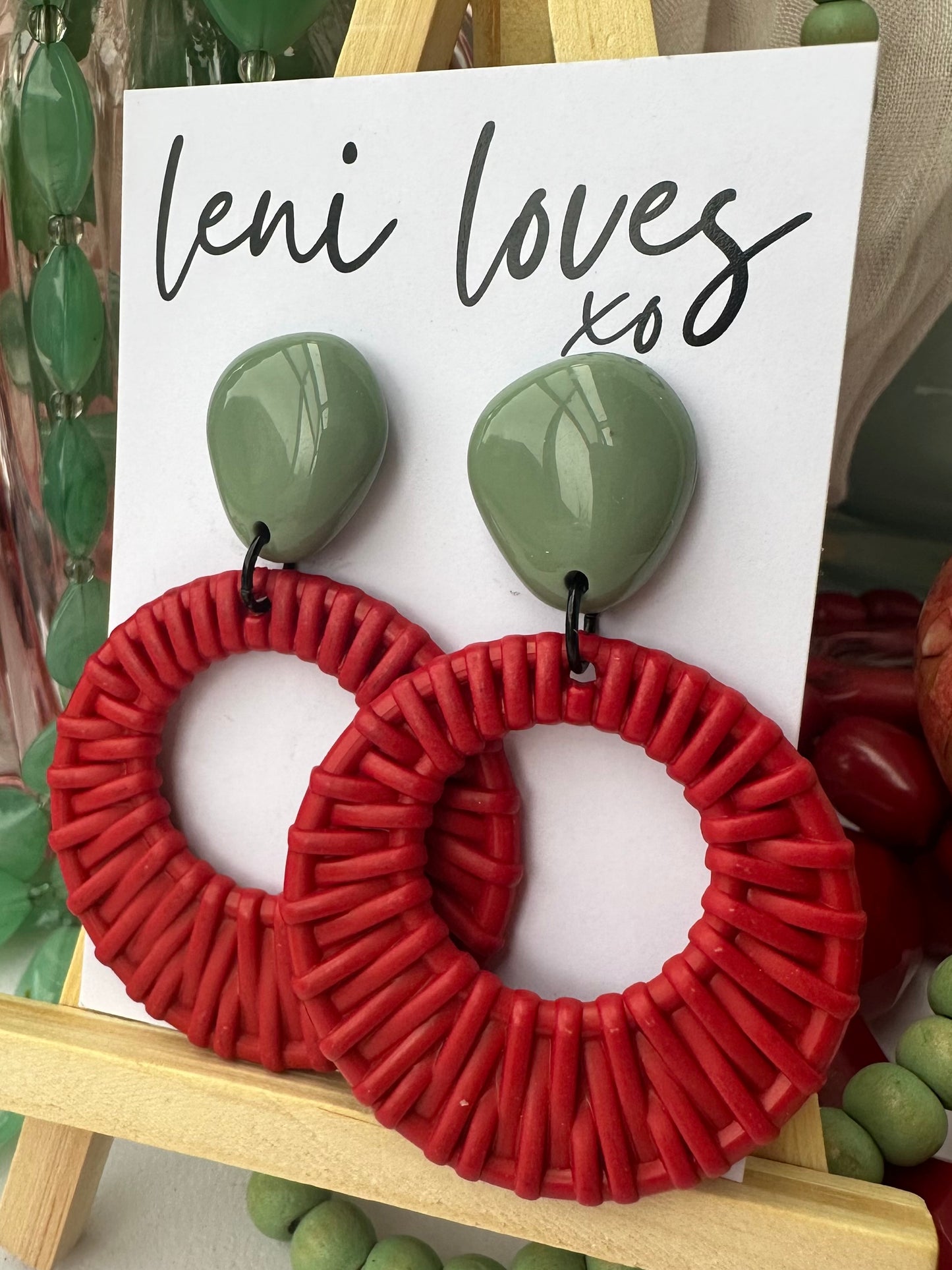 Ada Retro Rattan Dangle Earrings — Olive + Cherry