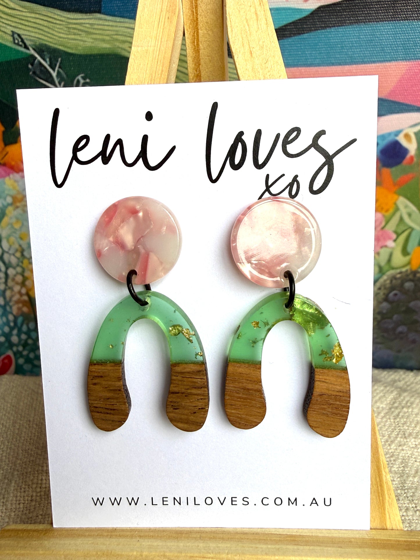Paloma Dangle Earrings — Pink Marble Acrylic Stud + Green Resin & Walnut Wood