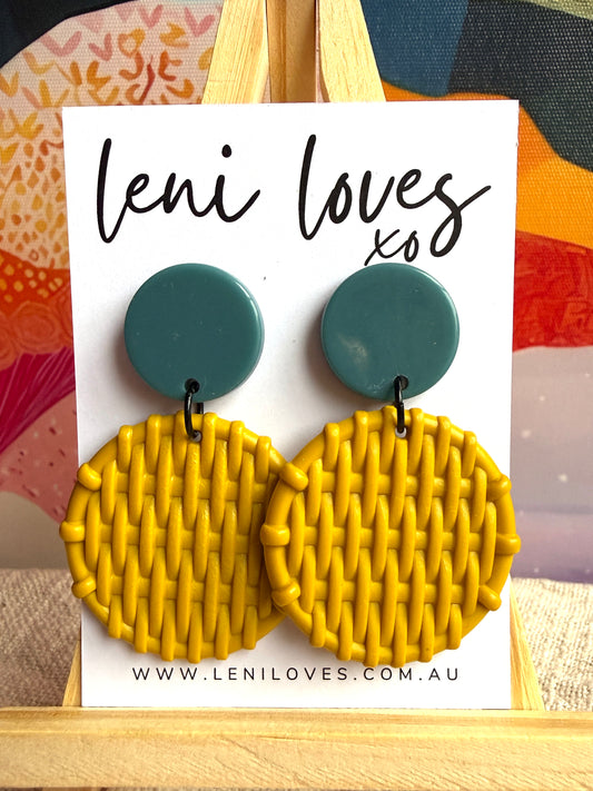 Bobbie Retro Rattan Dangle Earrings — Teal Green & Sunshine Yellow