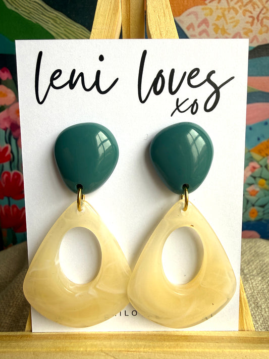 Estelle Retro Dangle Earrings — Opaque Teal + Marble Lemon