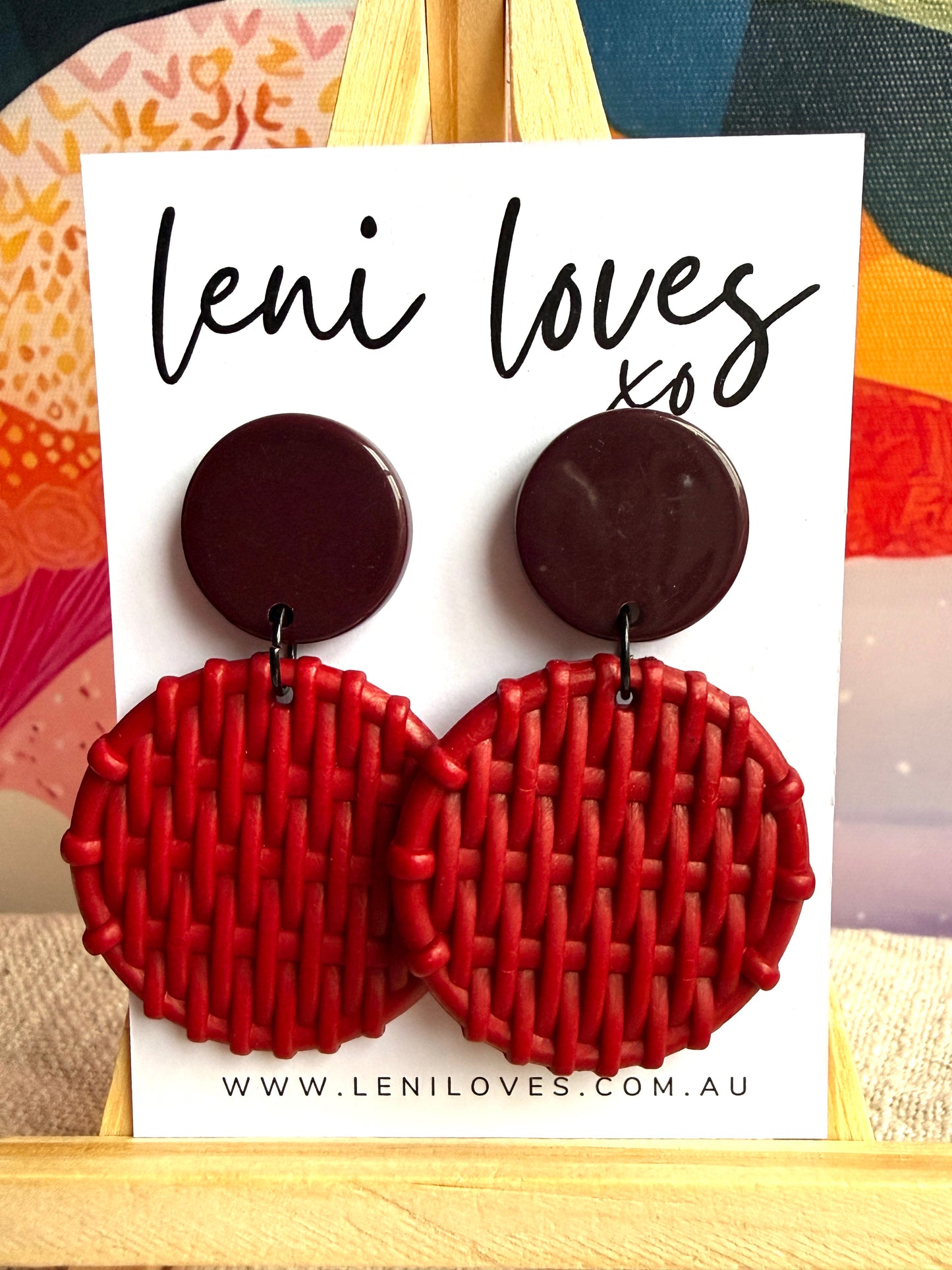 Bobbie Retro Rattan Dangle Earrings — Burgundy & Claret Red