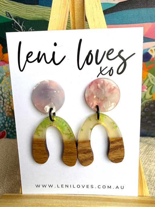 Paloma Dangle Earrings — Pink Marble Acrylic Stud + Lemon Resin & Walnut Wood