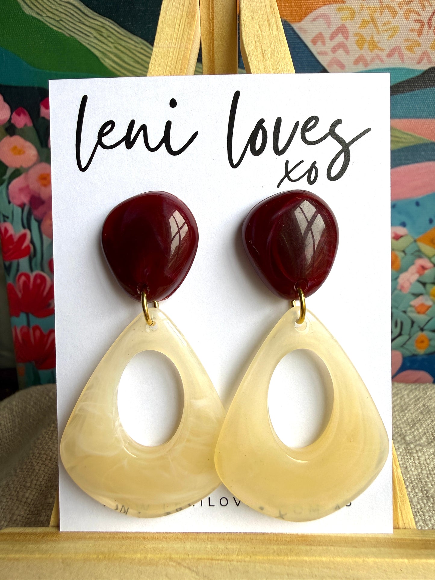 Estelle Retro Dangle Earrings — Marble Garnet Red + Lemon