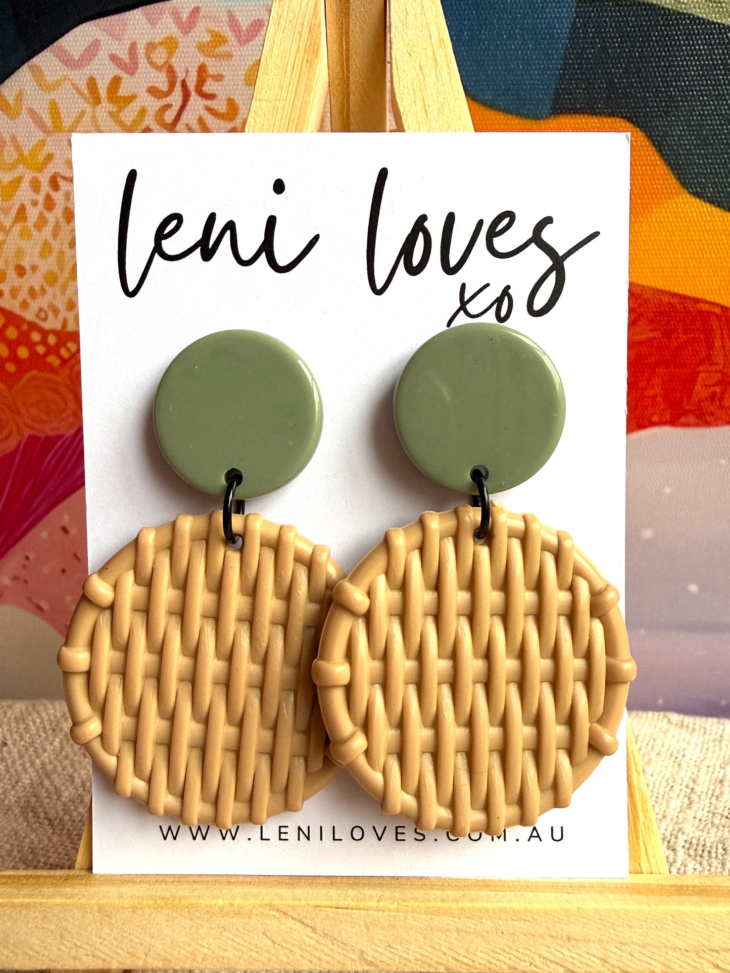 Bobbie Retro Rattan Dangle Earrings — Avocado Green & Beige