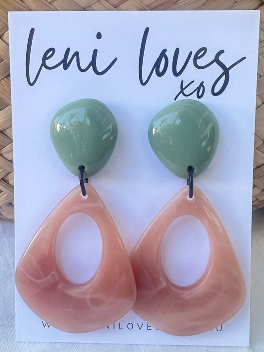 Estelle Retro Dangle Earrings — Opaque Olive + Marble Dusty Pink