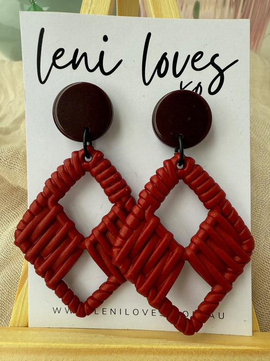 Claire Retro Rattan Dangle Earrings — Burgundy & Claret Red