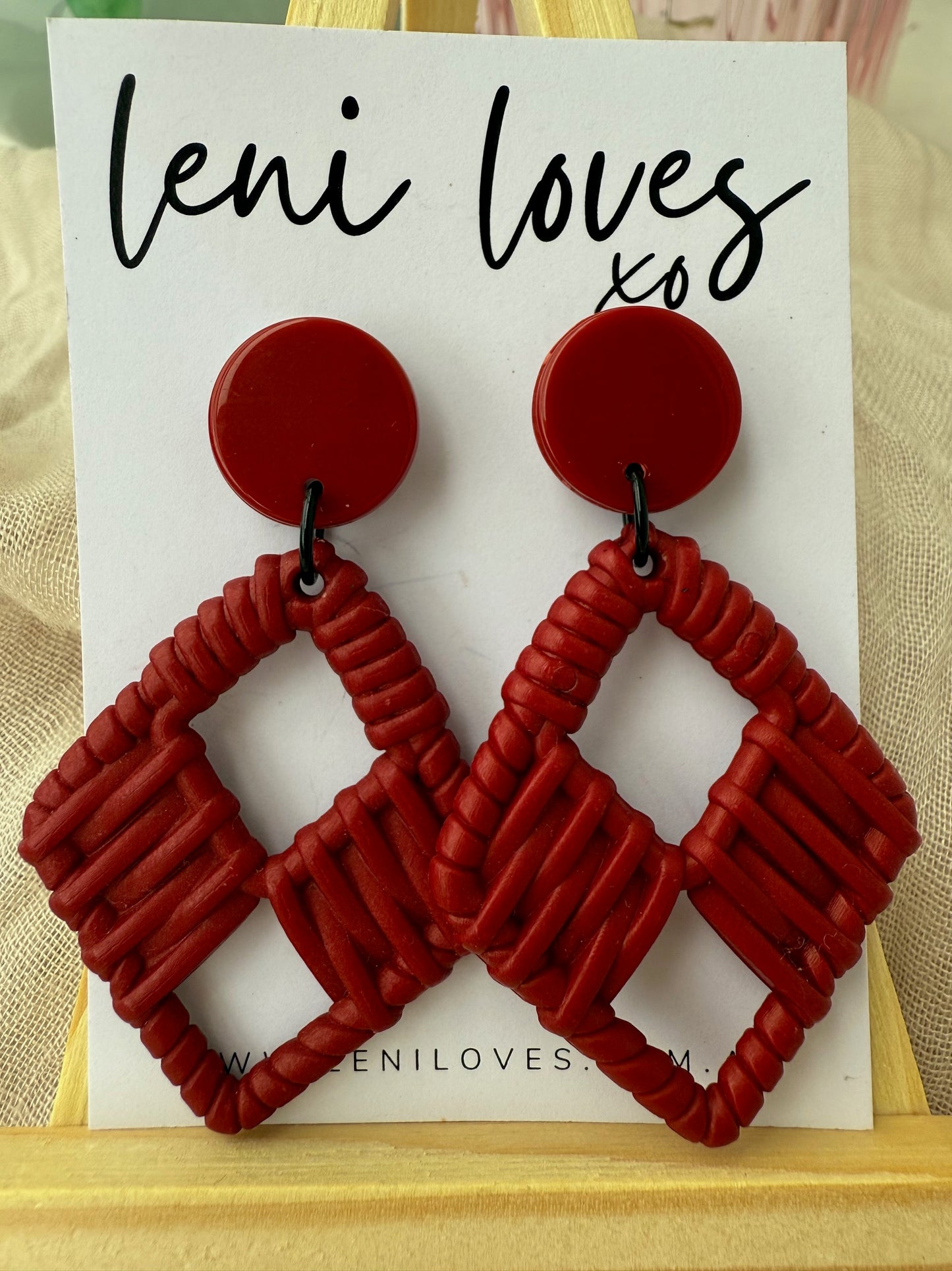 Claire Retro Rattan Dangle Earrings — Claret Red