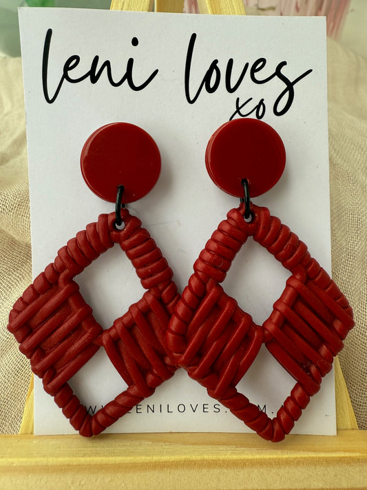 Claire Retro Rattan Dangle Earrings — Claret Red
