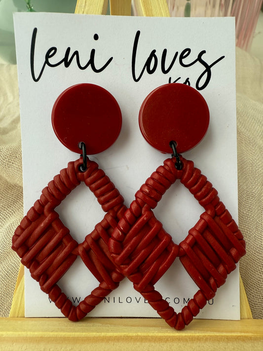 Claire Retro Rattan Dangle Earrings — Claret Red