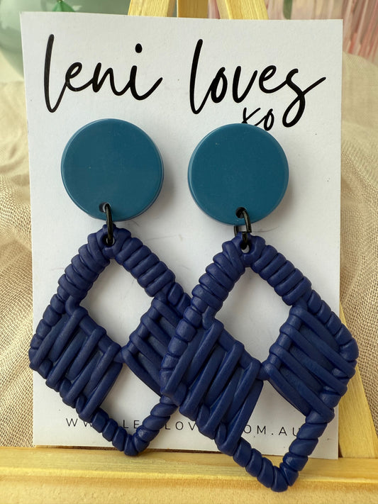 Claire Retro Rattan Dangle Earrings — Peacock & Navy Blue