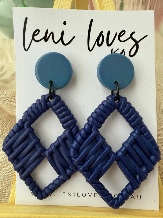 Claire Retro Rattan Dangle Earrings — Peacock & Navy Blue