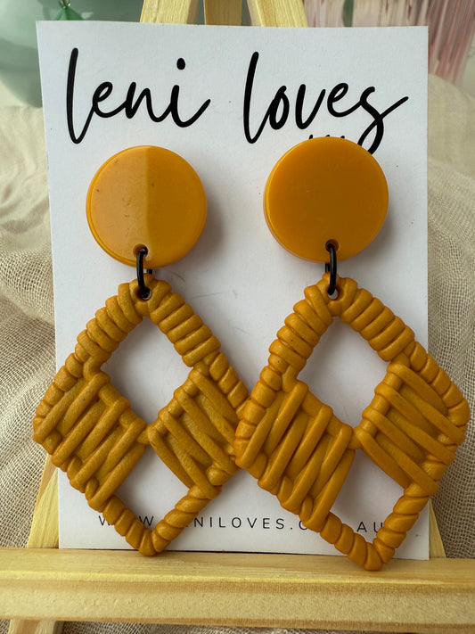 Claire Retro Rattan Dangle Earrings — Mustard