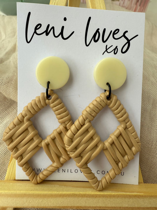 Claire Retro Rattan Dangle Earrings — Beige